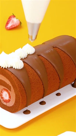 Making Chocolate Strawberry Roll Cake 🍫✨ #shorts #baking #cakeart