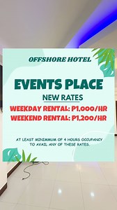 𝐎𝐅𝐅𝐒𝐇𝐎𝐑𝐄 𝐄𝐕𝐄𝐍𝐓𝐒| Celebrate life’s moments at Offshore Events Place. From seminars, birthdays, to wedding receptions and more , our spacious and elegant venue is the perfect setting for every occasion. We can accommodate up to 100 guests, with ample parking space for your convenience, plus in-house catering service to make your event stress-free and extra special. EVENTS VENUE P1000/hour- weekday rate P1,200/hour-weekend rate 𝐖𝐇𝐘 𝐂𝐇𝐎𝐎𝐒𝐄 𝐎𝐅𝐅𝐒𝐇𝐎𝐑𝐄 𝐇𝐎𝐓𝐄𝐋? 🏨Access