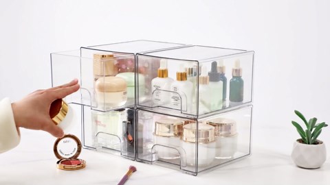 Yieach 4 Pack Clear Stackable Storage Drawers,4.4'' Tall Acrylic Drawer Containers for Organizing,Bathroom Organizers and Storage Bin Box,Plastic Makeup,Medicine Organizer Bins for Cabinet,Undersink