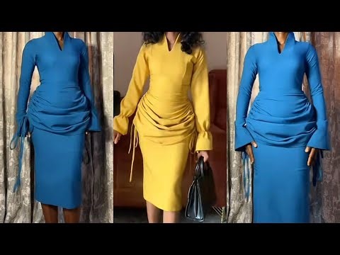 How to cut and sew a built up neckline corporate dress with rushed skirt.
