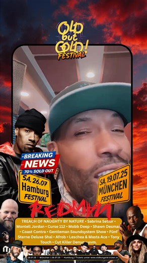 Redman live bei Old but Gold !Eine der größten Ikonen der Hip Hop Geschichte kommt diesen Sommer gleich zweimal zu uns: Redman steht beim Old but Gold Festival in München (19.07.) und in Hamburg (26.07.) live auf der Bühne! Ob „Da Rockwilder“, „Tonight’s da Night“, „How High“ oder unzählige andere Klassiker — kaum ein Künstler hat so sehr geprägt, was wir heute feiern. Jetzt habt ihr die Chance, ihn live und hautnah zu erleben – zusammen mit einem der krassesten Line-ups, das Old but Gold je hat