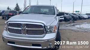 Check out this Pre-Owned LOW KM 2017 Ram 1500 SLT Quad Cab 4X4 in Silver Metallic available at Sherwood Dodge! It only has 19,947KM, comes with a Clean Carfax Report and has only had 1 Previous Owner. This Ram is also a local vehicle: sold and serviced here at Sherwood Dodge! Click here for more information on this 5.7L Hemi - https://www.sherwooddodge.com/vehicle-details/used-2017-ram-1500-slt-sherwood-park-ab-id-35566677 This SLT has Heated Front Seats, Heated Steering Wheel, Remote Start Syst