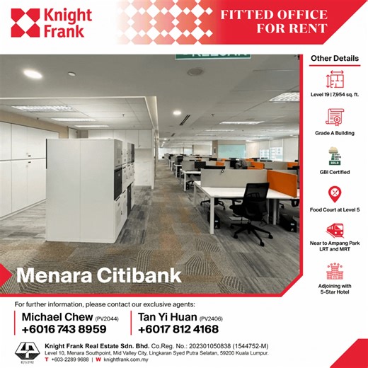 Now Available – Fully Fitted Office Space at Menara Citibank We are pleased to present a fully fitted office space at Menara Citibank, ideal for businesses seeking a ready-to-occupy workspace in a Prime Grade A office tower within the heart of Kuala Lumpur. Size: 7,954 sq ft Approx. 130 Workstations Layout Includes: – 1 Meeting Room (8–10 pax) – 2 Discussion Rooms (2 pax) – 3 Discussion Rooms (3 pax) – 2 Discussion Rooms (5 pax) – 2 Open Discussion Areas – 1 Pantry – 1 Utility Room – 1 Server Ro