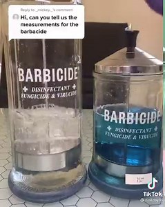Are you mixing your BARBICIDE correctly? Here’s a quick refresher from: @nailzbylis 💅 Pro tip: Label your jars with the correct mixing ratios and you’ll never forget! Large jar: 2 oz concentrate into 32 oz water Midsize jar: 1 oz concentrate into 16 oz water #barbicide #barbicidecertified #barbicideblue #infectioncontrol #educate #nailtech #barber #hairstylist #estheticianlife #cosmetology #cosmetologyschool | BARBICIDE