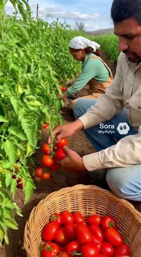 farming scene showing a tomato transplanter machine planting tomato seedlings in neat rows