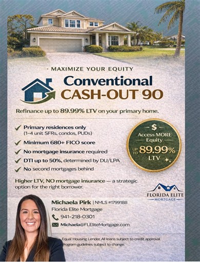 🏡 Did you know some homeowners can access MORE equity with a cash-out refinance? Most people think conventional cash-out refinances are capped at 80% loan-to-value (LTV) — and in many cases, that’s true. But there’s a lesser-known option called Conventional Cash-Out 90 that may allow eligible homeowners to go higher. Here’s the simple breakdown ⬇️ ✔️ Up to 89.99% LTV (higher than standard cash-out options) ✔️ Designed for primary residences only ✔️ Applies to 1–4 unit homes, including SFRs, PUD