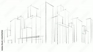 Architectural animated hand drawn sketch of a complex of buildings