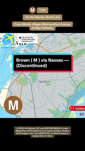 Replying to @helloooooBrown ( M ) Train via the Nassau Street Line from Middle Village–Metropolitan Avenue to Bay Parkway #fyp #nycsubway #discontinued #brooklyn #m