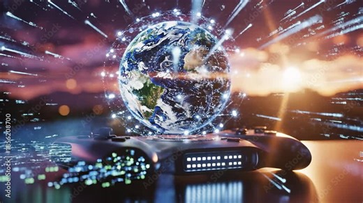 A gaming controller is in the foreground, with a vibrant Earth exploding into light and energy behind it. The gaming controller and the Earth represent interactive technology and digital experiences.
