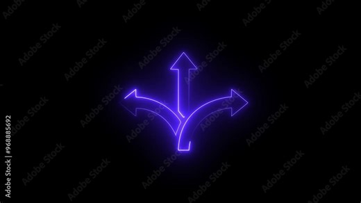 Glowing way direction arrow sign animation ,Road traffic signal turn arrow icon. Three arrow ways icon animation ,traffic control road sign curve arrow animated on black background