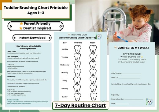 Toddler Brushing Chart Printable, Ages 1-3, Dentist Inspired (instant Download) - Etsy