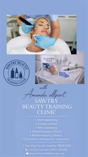 ✨ Train with confidence in 2025 ✨ Hello, I’m Amanda from Sawtry Beauty Training Clinic 👋 With over 24 years in treatments and 14 years in aesthetics, I’m passionate about supporting practitioners with small-group, hands-on training in a professional clinic environment. At Sawtry Beauty Training Clinic, we offer accredited and insurable training in: • Dermaplaning • Chemical Peels • Microneedling • Radiofrequency (Face) • Radiofrequency (Body) • Cavitation / Ultrasound / Lipo Laser 👩‍🎓 Models 