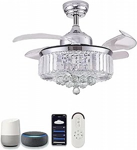DuMaiWay Crystal Chandelier Fan - 36" Smart Ceiling Fan with Light and Remote Alexa WiFi Fandelier Retractable Dimmable for Bedroom Living Room Modern Silver