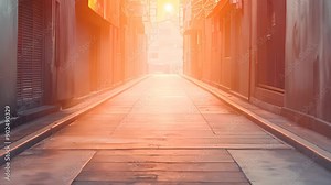 Narrow urban alleyway with sunlight illuminating the end. A serene and empty city passage in warm, glowing light.