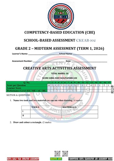 Grade 2 Mid Term 1 2026 Creative Activities Exam