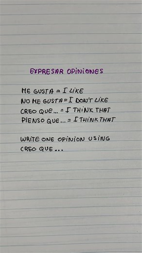 💭 Practice giving opinions in Spanish: Me gusta…, No me gusta…, Creo que…, Pienso que… #learnspanish #spanishphrases #spanishconversation