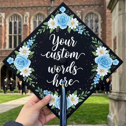 Custom Graduation Cap Topper 2026, Personalized Grad Cap, Custom Text Graduation Cap, Blue Floral Graduation Cap Decor