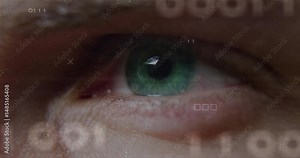 3D render showing green iris undergoing biometric scan with white squares and binary data