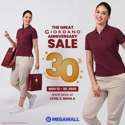 4.7K views | Last days to score 30% OFF EVERYTHING at the Giordano Anniversary Sale! Visit our store at Level 2, Mega A. Promo runs until November 30, 2025, don’t miss out! ⏳️ #GiordanoPH #TheGreatGiordanoAnniversarySale | SM MEGAMALL | Facebook