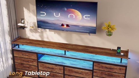 TV Stand Dresser for 65 Inch TV, 63" W Dresser with LED Lights & Power Outlets, Rustic Brown Long Dresser with 12 Fabric Drawers, Entertainment Center with Shelves,for Bedroom