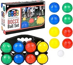 Bocce Ball Set with Carrying Case (11") Includes: 8 (3") Balls, 1 Jack (1.5") Ball, 1 Sure Grip Storage Case. Comes in a Nice Display Box. Classic Backyard Game.