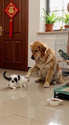 🐾 Kitten Herds Huge Dog! #catdoglove #mixedbreeds #adorable #friends #petgoals #viral