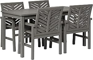 Walker Edison 4 Person Outdoor Wood Chevron Patio Furniture Dining Set Table Chairs All Weather Backyard Conversation Garden Poolside Balcony, 5 Piece, Grey