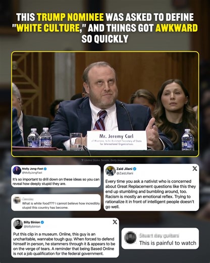 Donald Trump's State Department nominee, Jeremy Carl, recently answered questions before the Senate and had several uncomfortable moments after his past comments about "White culture" were raised. One interaction in particular went viral after Sen. Chris Murphy asked Carl to define "White identity." 🎥: United States Senate | BuzzFeed