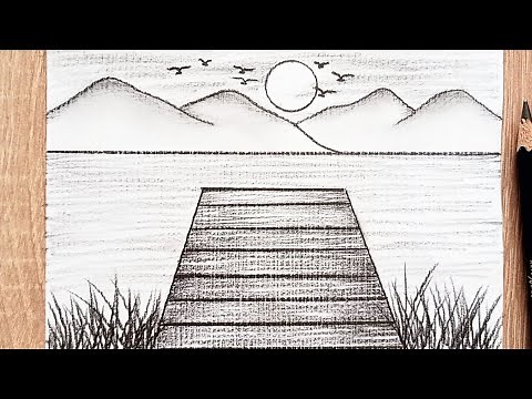 أسهل رسمة لمنظر طبيعي بقلم الرصاص | رسم سهل للمبتدئين | رسم نهر و جبال | رسومات سهلة | رسم طبيعة