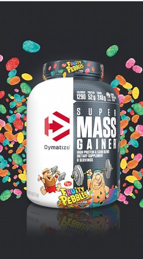 1290 calories. 52g protein. 1000% Fruity Pebbles flavor 💥This is MASSIVE. Shop the *NEW* Fruity Pebbles Super Mass Gainer now: https://bit.ly/3xS4Uc9 | Dymatize