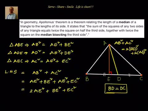 Geometry: Apollonius theorem - proof by Pythagoras theorem
