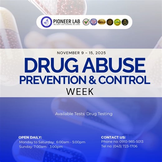 At Pioneer Lab, we stand with our communities in promoting drug prevention and control. Together, we can create a safer, healthier tomorrow. Visit us at PCLI Bldg. No. 1, P. Noble St., Brgy. 10, Batangas City  Call us at 0910-985-5013 / (043) 723-1706 Clinic Hours: Monday to Saturday: 6AM to 5PM Sunday: 7AM to 3PM We Don't Just Examine, We Care! ❤ | Pioneer Clinical Laboratory & Medical Clinic, Inc. | Facebook