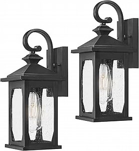 zeyu 2 Pack Outdoor Wall Sconces, 14.4 Inch Farmhouse Outdoor Porch Lights Wall Mount with Seeded Glass, Die-Cast Aluminum, Black Finish, ZD99B-2PK BK