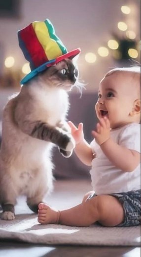 Hilarious Clown Cat Dances for Joyful Baby – Adorable Pet Moment!