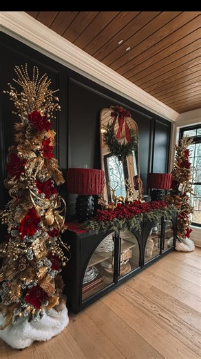 JENNIFER | HOLIDAY HOME | TRANSITIONAL DECOR on Instagram: "Do you have pencil trees in your house?! They are small so there is room for 1 or 2…or 7 😂 They are fun to style because they don’t need as many decorations and it’s quick to do! This year I chose gold and red to compliment my Ralph Lauren inspired Tablescape. I call these trees twins because I always decorate them to match each other! I’m linking everything in my LTK! Happy Decorating, Friends!! #ralphlaurenchristmas #traditionalchris