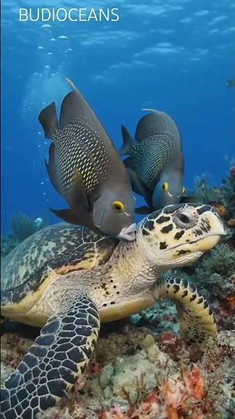 Angelfish Clean Parasites from a Sea Turtle 🐢🐠 #wildlife #animals #nature #facts #seaturtle