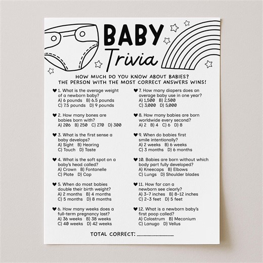 Baby Shower Trivia Game, Fun Baby Trivia Game Quiz Printable, Baby Facts Gender Neutral, Digital Download - Etsy