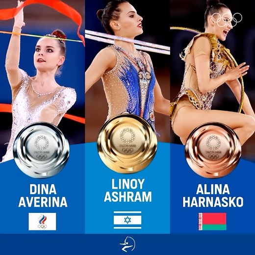 The Olympic Games on Instagram: "What a day for rhythmic gymnastics at #Tokyo2020! 🤸 Linoy Ashram becomes the first Israeli woman to win Olympic Gold 🥇, three-time world champion Dina Averina of ROC takes silver 🥈and Alina Harnasko takes bronze 🥉 for BLR. #StrongerTogether #Tokyo2020 | @figymnastics"