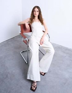 Topshop seamed wide leg linen jumpsuit in natural | ASOS