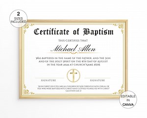 Certificate of Baptism, Printable Baby Baptism Certificates, Editable Church Canva Template - Etsy