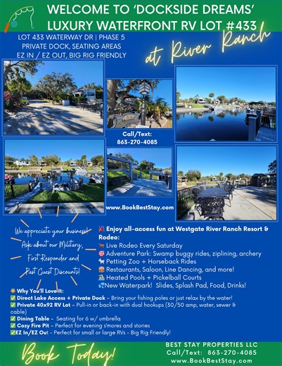 💦WATERFRONT RV LOT FOR RENT!💦 🎉Welcome to ‘Dockside Dreams’ Lot 433 at River Ranch!🚐🌴 Escape to River Ranch RV Resort, Lake Wales, FL - Central FL (1 hr south of Orlando) and enjoy a private lakefront RV lot with everything you need for the perfect trip: Lot 433 🌟 Why You’ll Love It: ✅ Direct Lake Access ✅ Private 40x92 RV Lot – Full hookups (30/50 amp, water, sewer & cable) ✅ Dining Table with umbrella – Seats 6 ✅ Private Dock – Perfect for fishing & starry nights ✅ EZ In/EZ Out – Big Rig