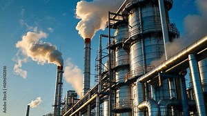 Industrial smokestacks release steam against a clear blue sky, illustrating environmental impact and energy production in modern factories.