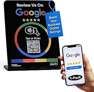 NFC Tap Stand (1-Pack) by Review Highway - North American Made - Compatible with Google Reviews - NFC Tap & QR Scan for Instant Reviews - iPhone/Android Compatible - Reusable & Lightning Fast (Black)