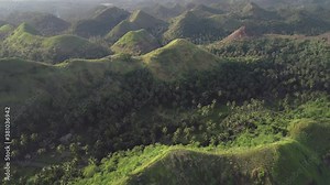 Tropical green mount aerial: rainforest greenery on ranges at Legazpi, Philippines, Asia. Epic Filipino nature scenery of exotic plants on hills and meadows at summer sunny day. Cinematic drone shot