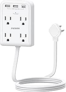 Flat Multi Plug Extender with 3 USB Wall Charger(1 Type C), 4 Outlet Wall Adapter, 4 ft Thin Extension Cord, Flat Plug Surge Protector Power Strip for Home, Office, College Dorm. White
