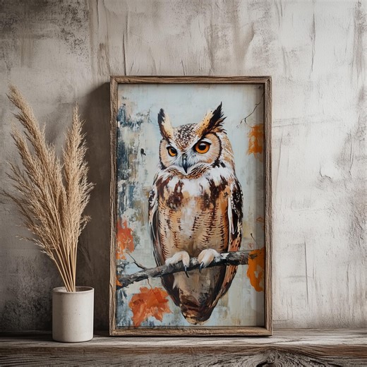 Owl Wall Art Print, Rustic Owl Painting, Wildlife Bird Wall Decor, Modern Nature Artwork, Forest Owl Poster - Etsy
