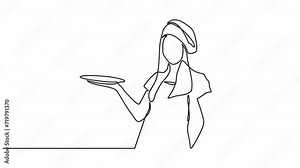 Continuous one line animation. Hand drawn animated motion graphic element of chef cooking or baking, toque chef hat isolated on white background. chef holding empty round plate with place for food. 4k