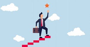 Download 4k Hope to success in business animation, smart confident businessman climb up stair to the top to reaching to grab precious star reward. for free