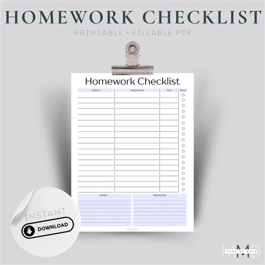 Homework Checklist | Assignment Tracker | Homework Organizer | Assignment Checklist - Etsy