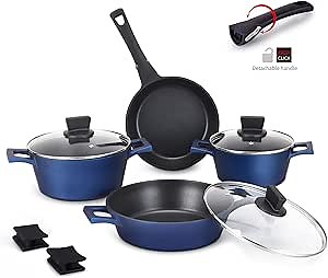 Nonstick Pots and Pans 10 Piece Cookware Set Blue Stackable Induction Soup Pot with Lid, Removable Handle Skillet Pan, Suitable for All Stoves Dishwasher Safe (Blue)